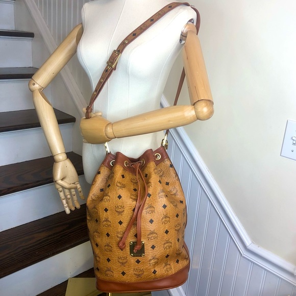 MCM Vicetos Cognac Leather Monogram Bucket Tote Crossbody Shoulder Bag Mint - Picture 16 of 16
